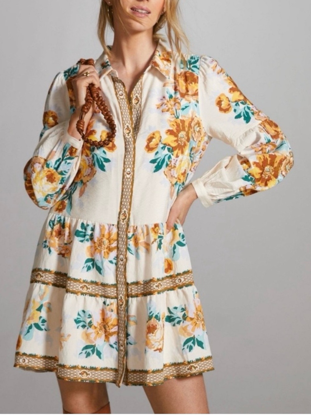 Anthropologie Floral Tiered Button-Front Mini Shirtdress Size Medium Petite